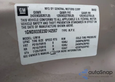 2003 Chevrolet Venture Ls from USA, damaged, VIN 1GNDX03E23D142567